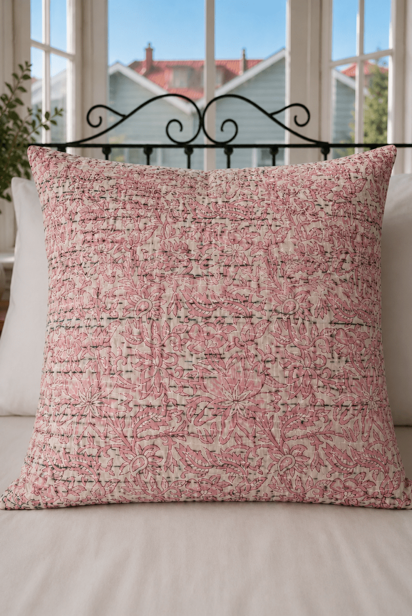 Kantha Pillow Case - Pink Clover (50x50) - Gawjus