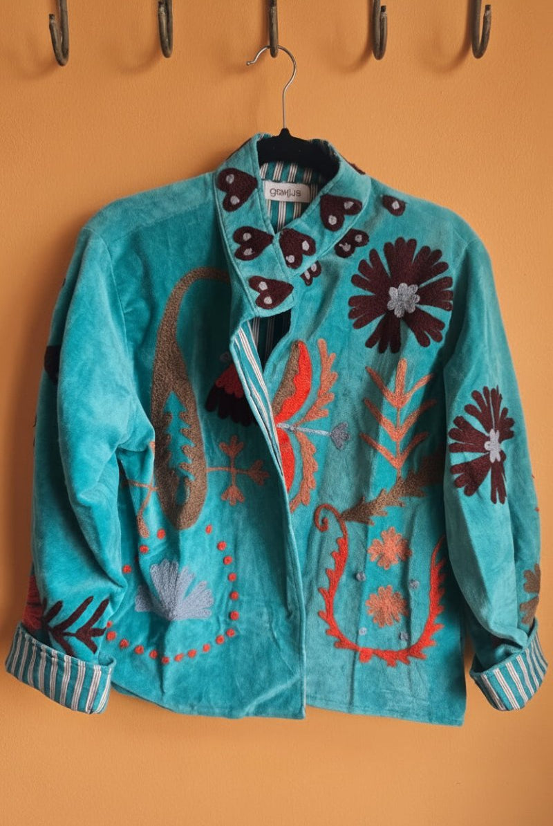Suzani Embroided Jacket - Blue Love - Gawjus