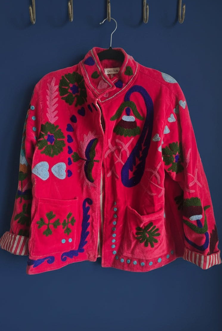 Suzani Embroided Jacket - Bright Coral - Gawjus