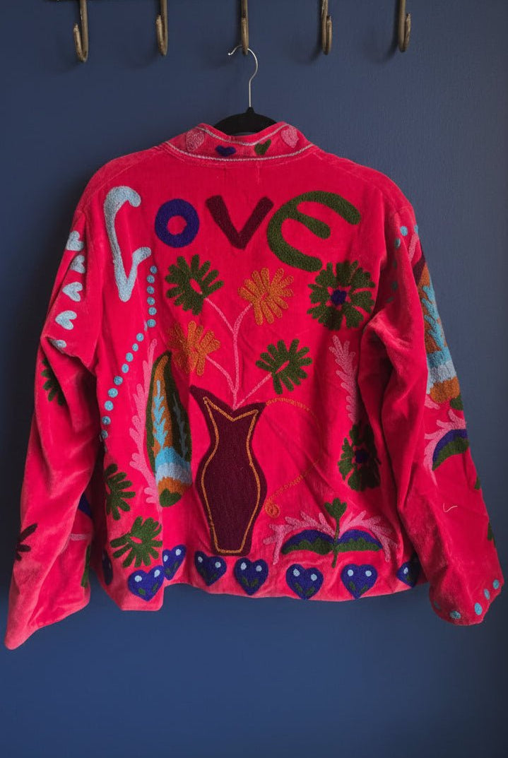 Suzani Embroided Jacket - Bright Coral - Gawjus