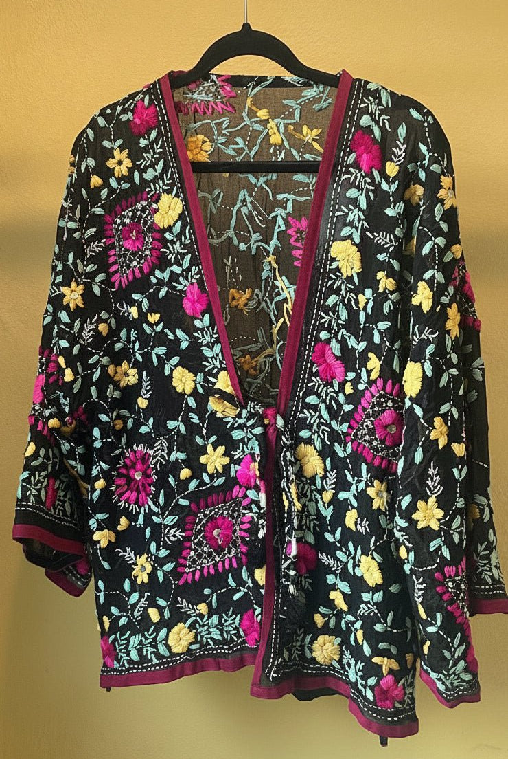 Vintage Phulkari Short - Black with Colourful Embroidery - Gawjus