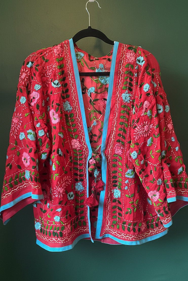 Vintage Phulkari Short - Coral and Blue - Gawjus