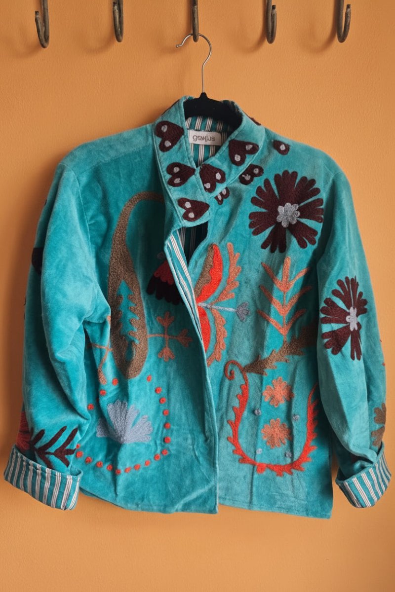 Suzani Embroided Jacket - Blue Love - Gawjus
