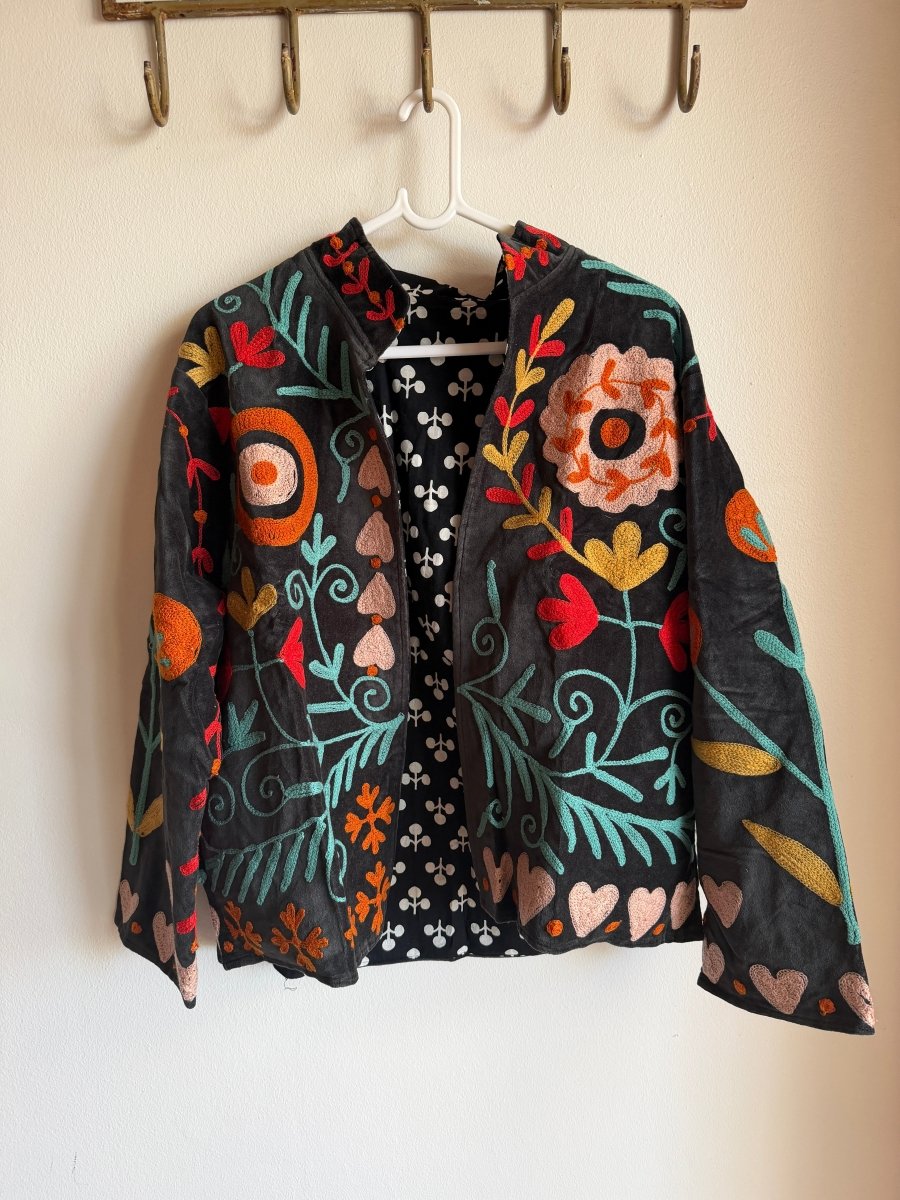 Suzani Embroided Jacket - Charcoal - Gawjus