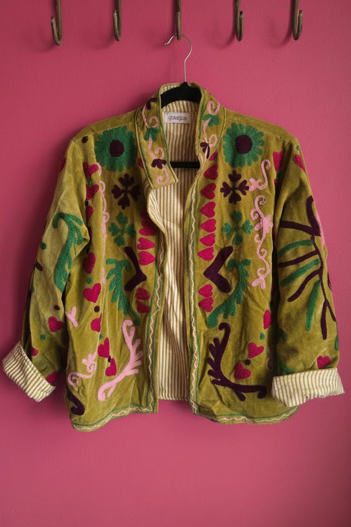 Suzani Embroided Jacket - Green Love - Gawjus