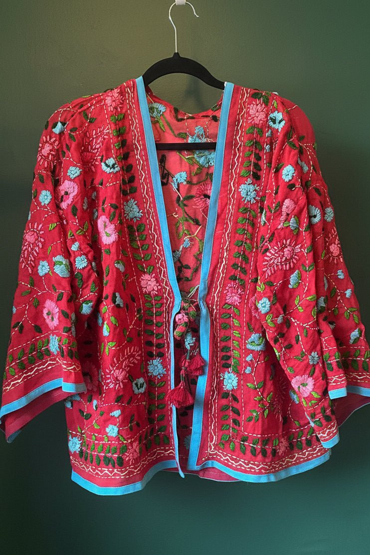 Vintage Phulkari Short - Coral and Blue - Gawjus